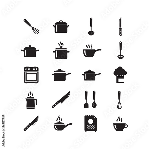 Collection of various cooking utensils and kitchen appliances icons