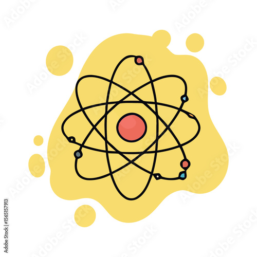 A stylized atom model illustration, featuring orbiting electrons and a central nucleus, set against a yellow abstract background.
