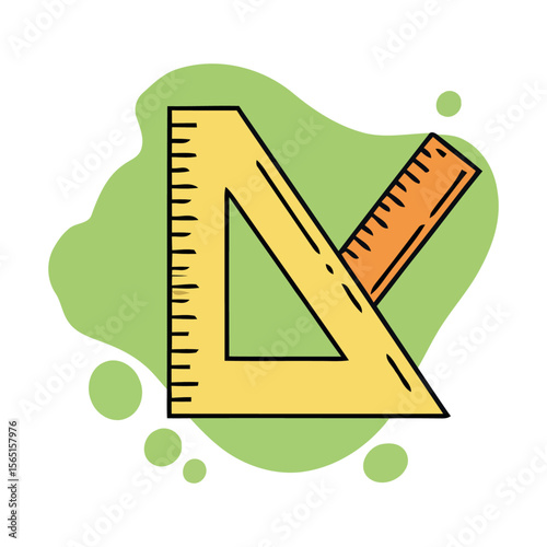 A yellow triangular ruler and a separate ruler, both graphic design elements, are displayed on a light green background.