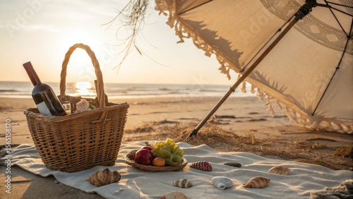 A romantic beach picnic basket with wine and fruit at sunset.