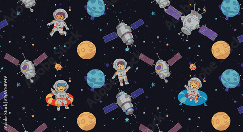 A whimsical illustration showcases cartoon astronauts floating among planets and orbiting satellites against a starry, dark space background, perfect for children's designs.