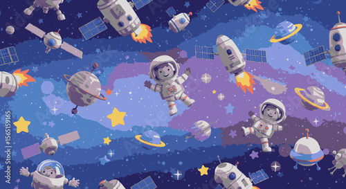 A vibrant, whimsical illustration features cartoon astronauts floating amidst a colorful cosmos filled with rockets, satellites, planets, and twinkling stars, perfect for children's designs.