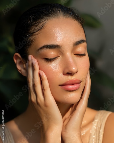 real beauty with sustainable skincare A serene moment of self-care, showcasing a woman gently applying skincare with a peaceful expression. intergenerational eco rituals