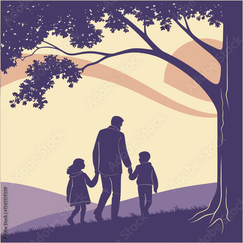 Father Walking with Two Children Silhouette Purple Landscape