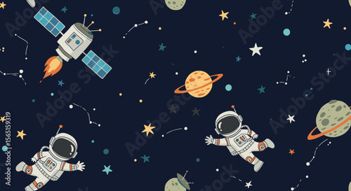 A whimsical illustration showcases astronauts floating in space with planets, stars, and a satellite against a dark blue background, perfect for children's designs.