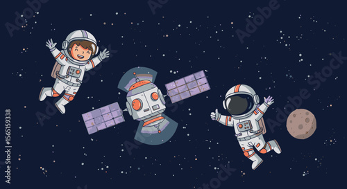 Two cheerful astronauts joyfully float in space near a satellite and a small moon, set against a backdrop of twinkling stars and cosmic dust clouds.