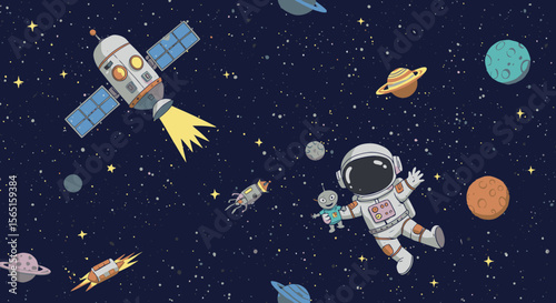 A charming cartoon illustration of an astronaut floating in outer space, holding a friendly alien, with a satellite and colorful planets orbiting nearby.