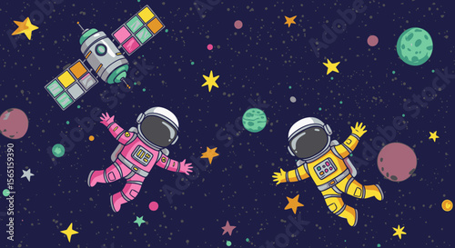 Two cheerful cartoon astronauts in colorful spacesuits joyfully float through a whimsical, star-filled outer space, with planets and a satellite.