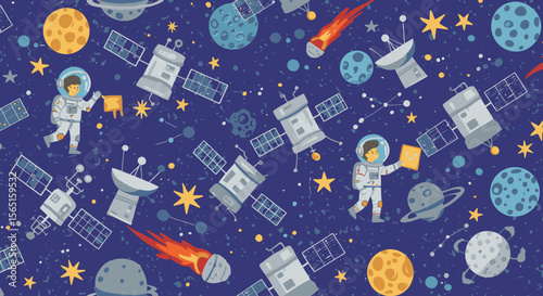 A whimsical space scene with astronauts exploring among planets, stars, and satellites, rendered in a charming flat design illustration.
