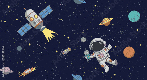 A whimsical cartoon illustration depicts an astronaut floating in outer space alongside a satellite, various planets, and twinkling stars.