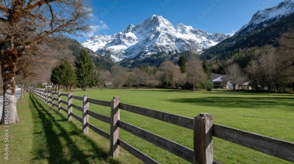 Snow-capped mountains rise over grassy meadows, tall trees, and wooden fences on a bright, clear day in this picturesque setting Snow-capped mountains rise over grassy meadows, tall trees, and wooden fences on a bright, clear day in this picturesque setting