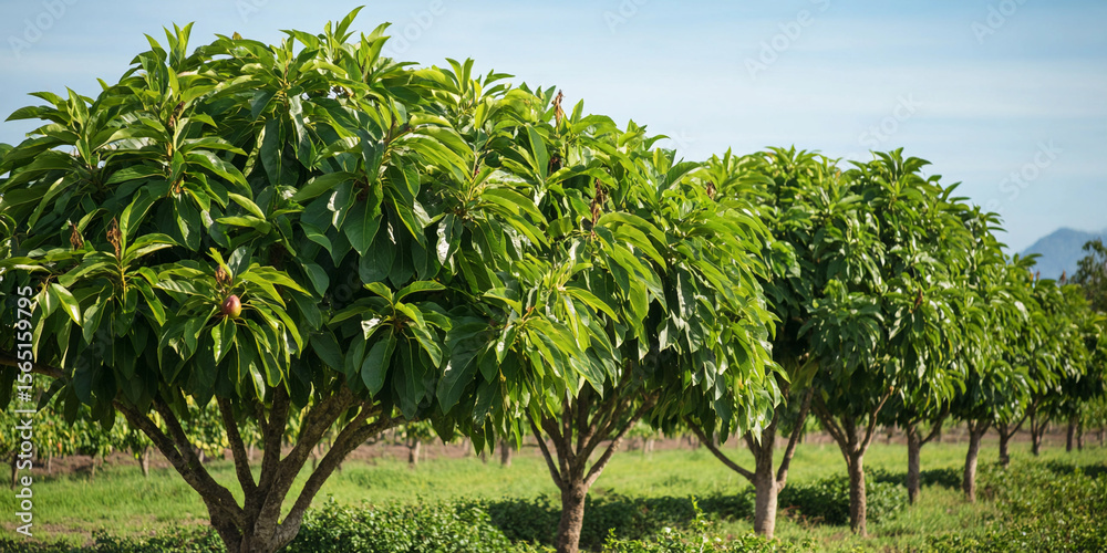 Obraz premium Lush green avocado trees thriving in a sunny orchard Generative AI