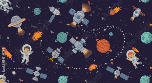 Whimsical illustration of astronauts and spacecraft exploring a vibrant galaxy filled with planets, stars, and comets.