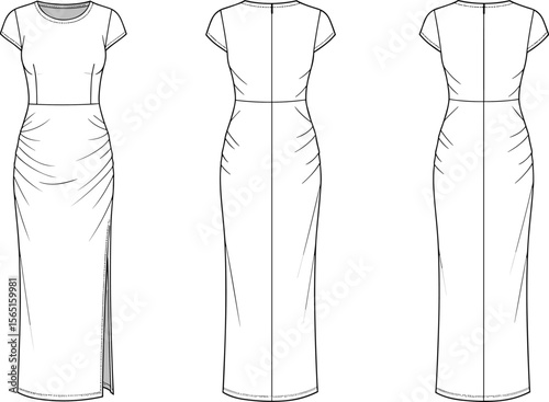 Modern ruched side slit maxi dress flat sketch cad technical vector drawing front back views short sleeve fitted fashion illustration template