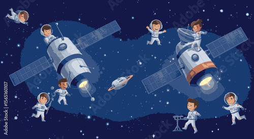 Charming cartoon astronauts playfully explore outer space, interacting with spacecraft and floating amidst stars and nebulae.