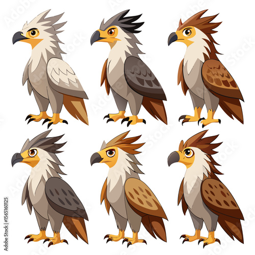A Collection of Six Stylized Cartoon Eagles with Varied Color Palettes Featuring Detailed Feather Textures and Expressive Eyes all Standing in a Similar Pose on