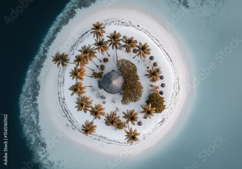 A photograph taken from the air shows turquoise waters and a sandy beach along a tropical coastline