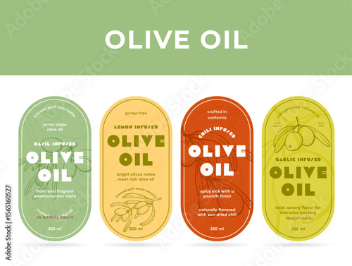 A set of olive oil labels that feature the flavors of basil, lemon, garlic, and chili. Each label highlights unique characteristics that are ideal for fine dining or a healthy lifestyle.