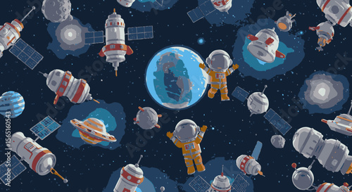 Whimsical cartoon astronauts and diverse spacecraft float joyfully around a glowing Earth in a vibrant outer space galaxy, evoking adventure and discovery.