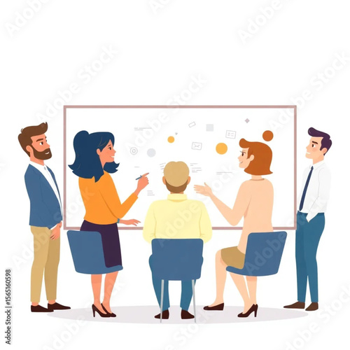 A group of seven employees are brainstorming ideas around a whiteboard. The atmosphere is professional yet relaxed.