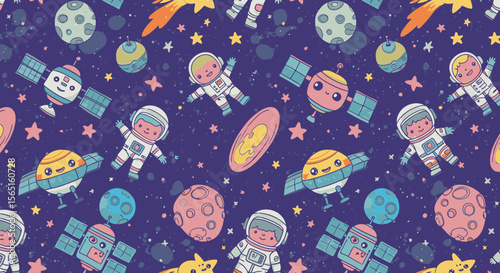 Cute cartoon astronauts and satellites float in a starry galaxy with colorful planets and comets, creating a whimsical space adventure.