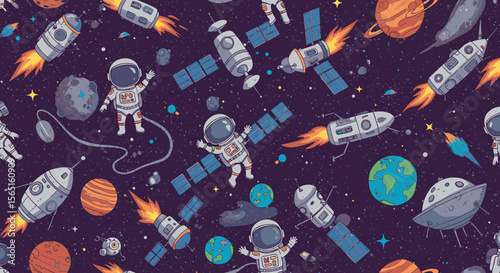 Whimsical cartoon illustration of astronauts floating among planets, rockets, and satellites in a starry outer space galaxy.