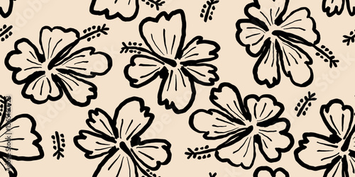 Hand drawn tropical flowers, seamless patterns with floral for fabric, textiles, clothing, wallpaper, cover, banner, interior decor, abstract backgrounds. vector illustration.