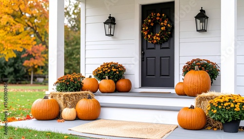 Rustic Front Porch Decorated for Fall with Stacked Pumpkins, Colorful Mums, Autumn Wreath, Hay Bales, Lanterns, Cozy Welcome Mat, and Scattered Autumn Leaves for Seasonal Charm