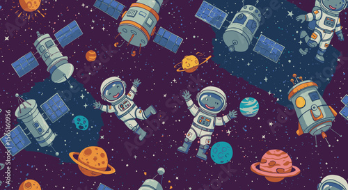 An enchanting seamless pattern illustration showcasing playful cartoon astronauts, colorful planets, and space vehicles in the vast starry cosmos.