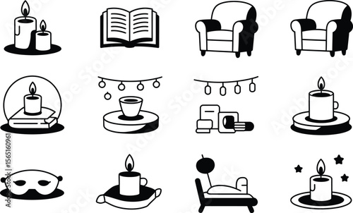 Black and White Relaxation Icons Candles Book Armchairs