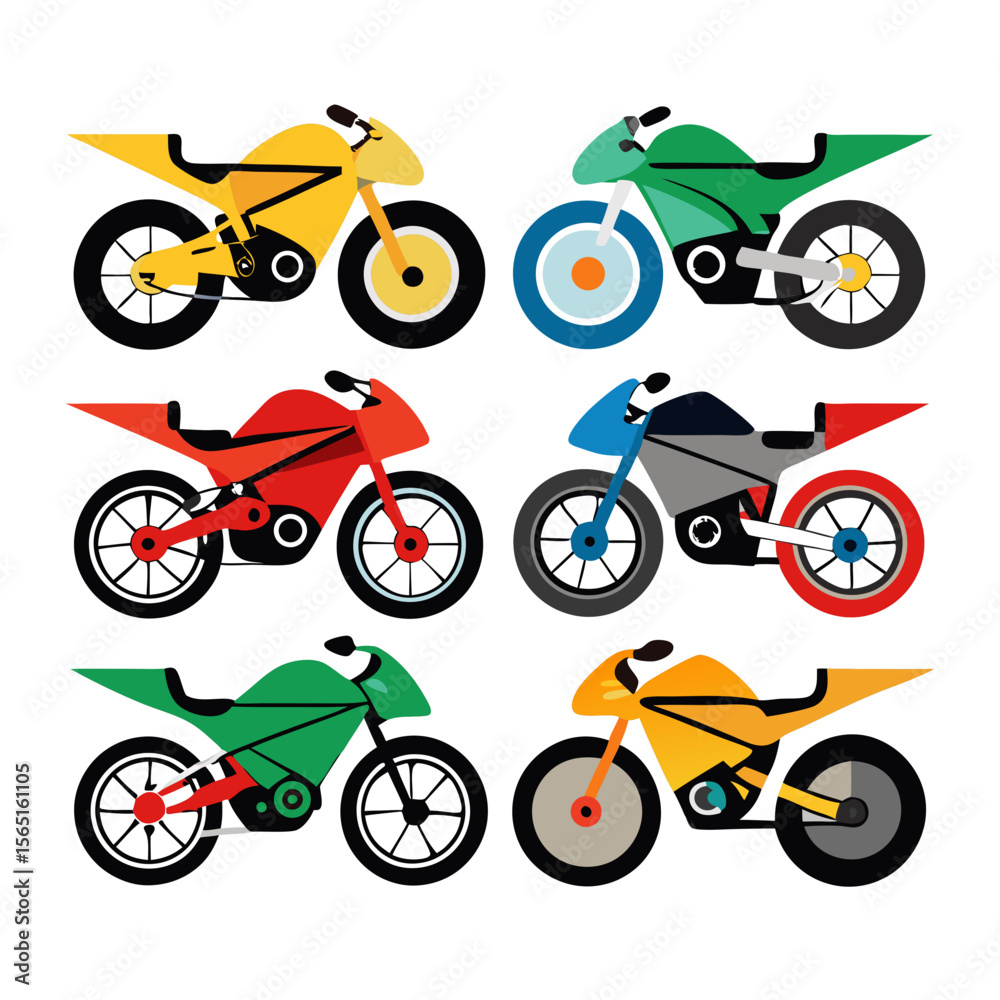 Obraz premium Collection of Colorful Cartoon Motorbikes on White Background Featuring Yellow Green Red and Blue Motorcycles with Distinct Designs Perfect for Children s Illustrations and Transportation