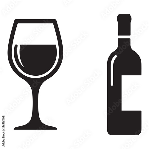 Simple black silhouette of a wine glass and a wine bottle