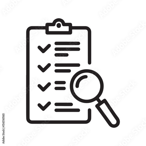 Checklist Review Icon with Magnifying Glass and Clipboard – Audit Outline Symbol
