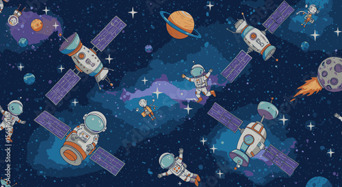 Whimsical cartoon astronauts float among satellites, planets, and stars in a vibrant outer space galaxy.