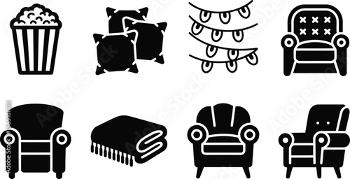 Black and White Icons of Movie Night Items Popcorn Armchairs Pillows Blanket String Lights