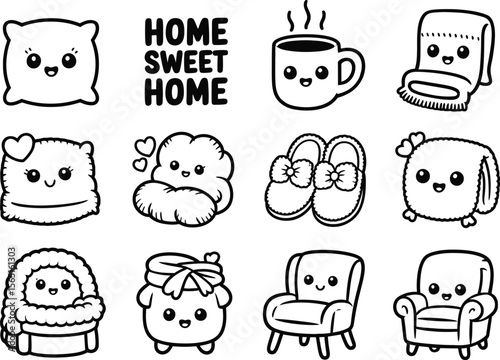 Kawaii Home Sweet Home Cozy Items Line Art cute