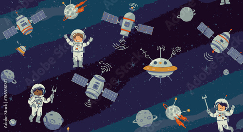 A whimsical cartoon illustration showcases diverse astronauts and various satellites floating amidst planets in the vast expanse of outer space.
