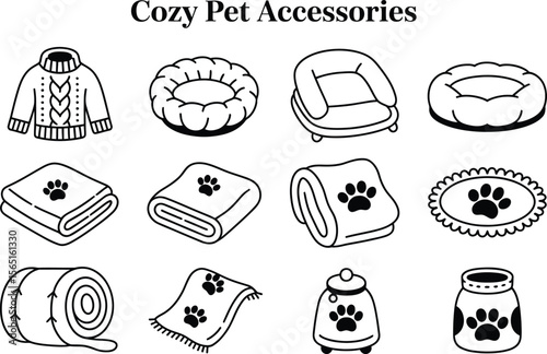 Cozy Pet Accessories Line Art Illustrations pet bed