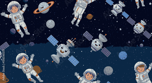A whimsical seamless pattern depicts cute cartoon astronauts floating among friendly planets and smiling satellites in the vast, starry cosmos.