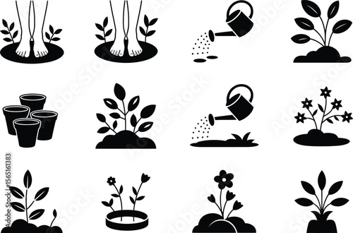Black and White Gardening Icons Plants Feet Watering Can Pots