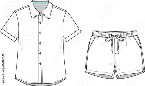 Short sleeve collared shirt with button front and drawstring waist shorts technical flat cad drawing vector fashion sketch illustration