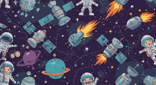 Whimsical space-themed pattern featuring cartoon astronauts, satellites, planets, and comets against a dark blue background, perfect for children's products and designs.