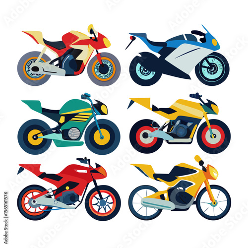 Colorful Cartoon Motorbike Collection Six uniquely designed motorcycles in vibrant colors showcasing different styles and shapes ideal for illustrations graphics or design elements with a