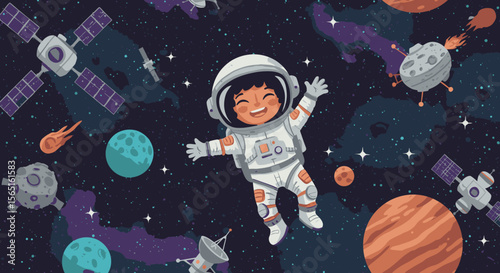 Joyful child astronaut floats weightlessly in vibrant outer space surrounded by planets, stars, and satellites in a whimsical illustration.