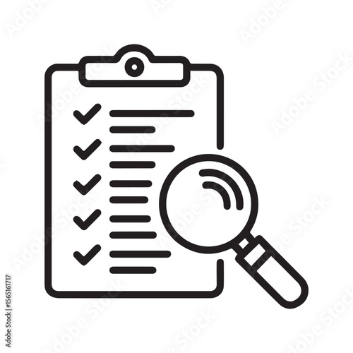 Checklist Review Icon with Magnifying Glass and Clipboard – Audit Outline Symbol
