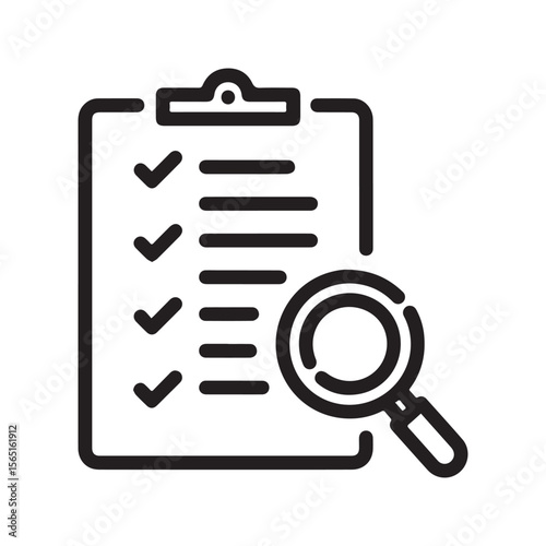 Checklist Review Icon with Magnifying Glass and Clipboard – Audit Outline Symbol
