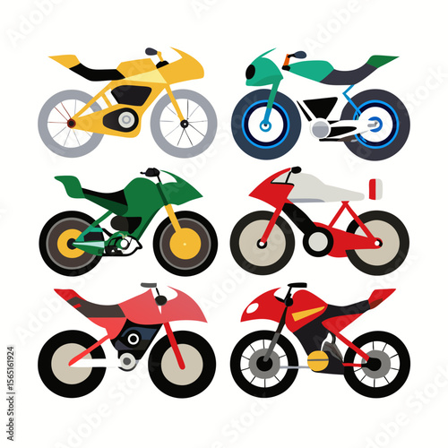 A vibrant collection of six uniquely designed cartoon motorcycles each showcasing a distinct color scheme and style arranged in a visually appealing composition on a
