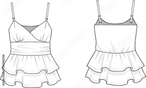 Sketch of two ruffled camisole tops, one wrap-style and one straight-cut, with spaghetti straps and layered hems, women’s fashion apparel template