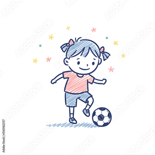 Young girl playing with soccer ball in colorful doodle style  