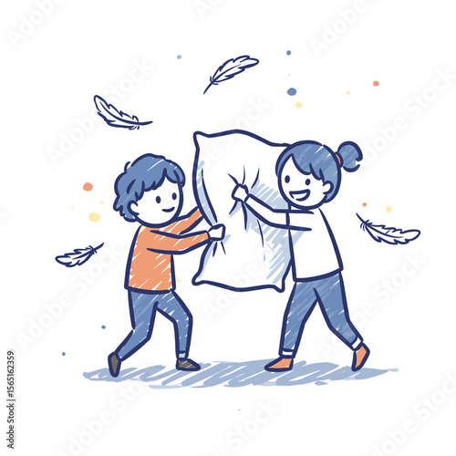 Children playing pillow fight with feathers in playful atmosphere  